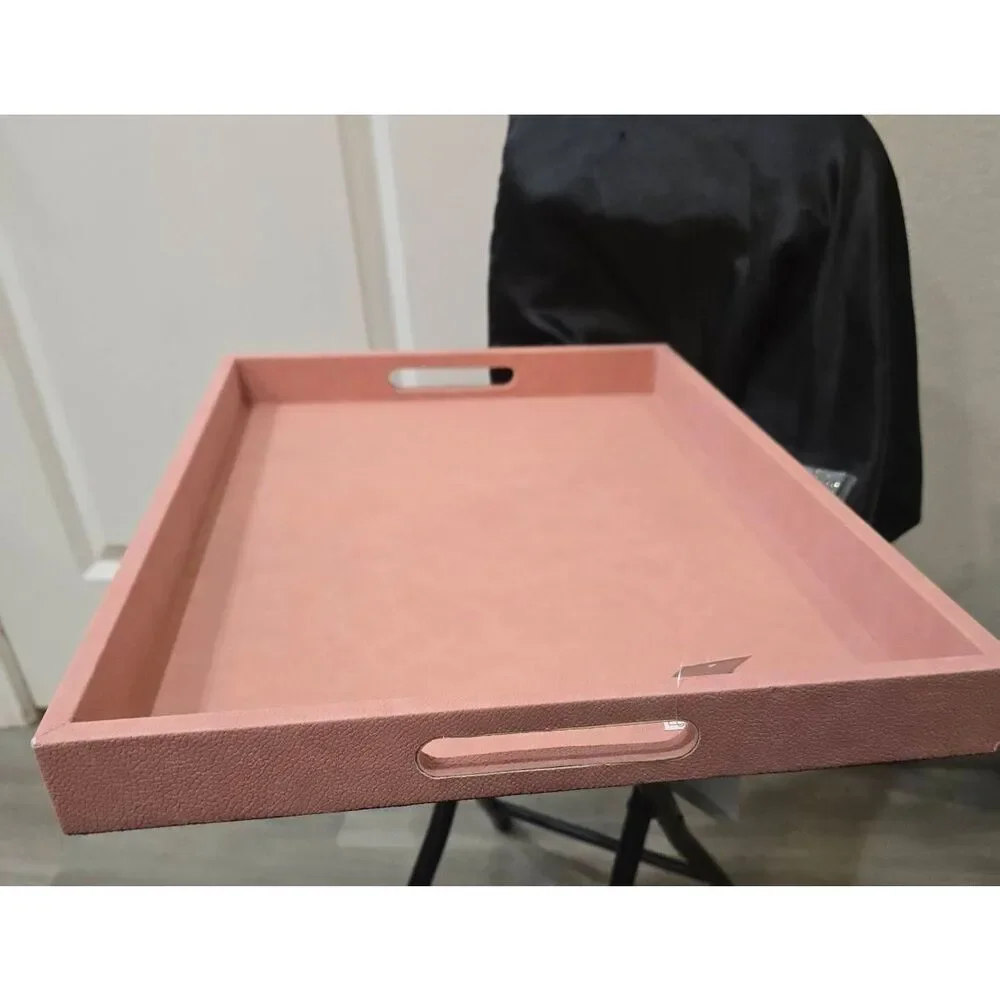 Home District Contemporary Pink Faux Leather Vanity Tray w/Handle
